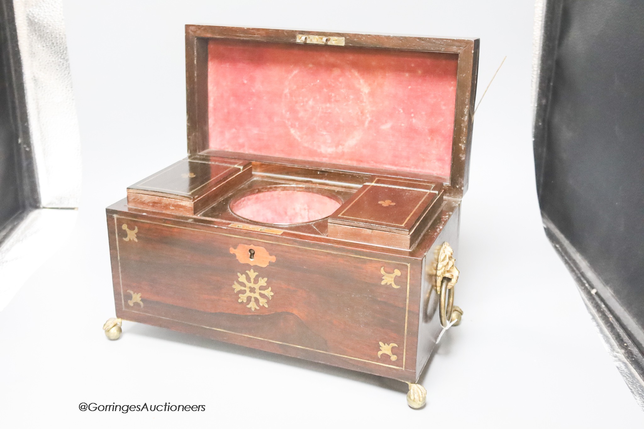 A Regency brass inlaid rosewood tea caddy, height 18cm